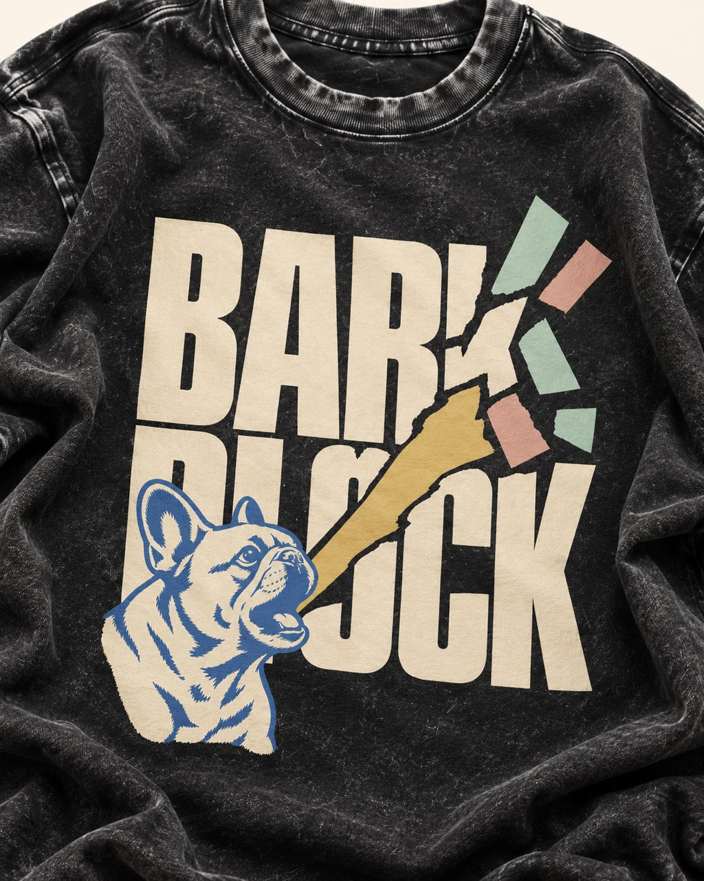 Frenchie Bark Breaks Bark Block Graphic Washed Tee in Black, close-up of the graphic