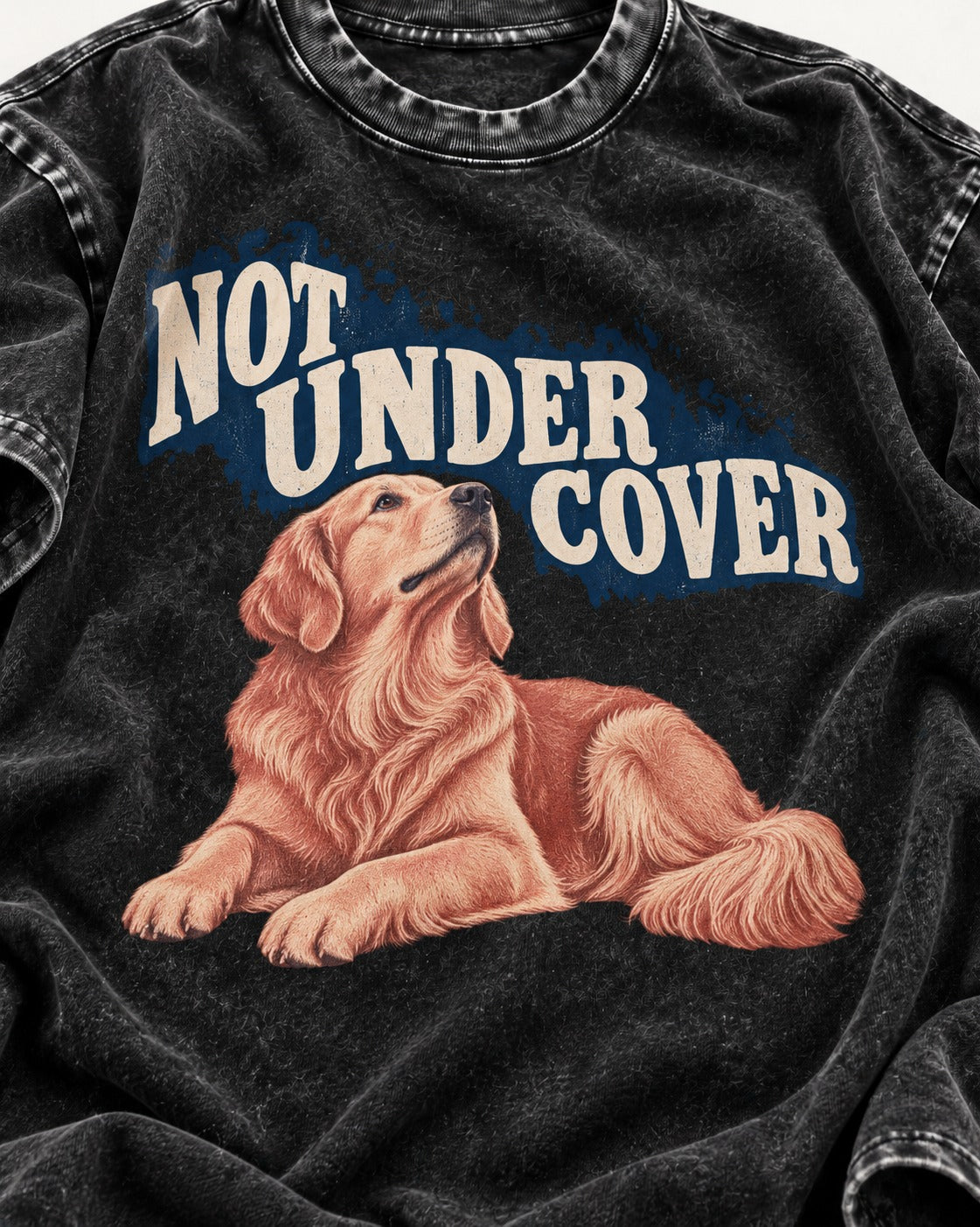 Not Under Cover Reclining Golden Retriever Graphic Washed Tee in Black, close-up of the graphic