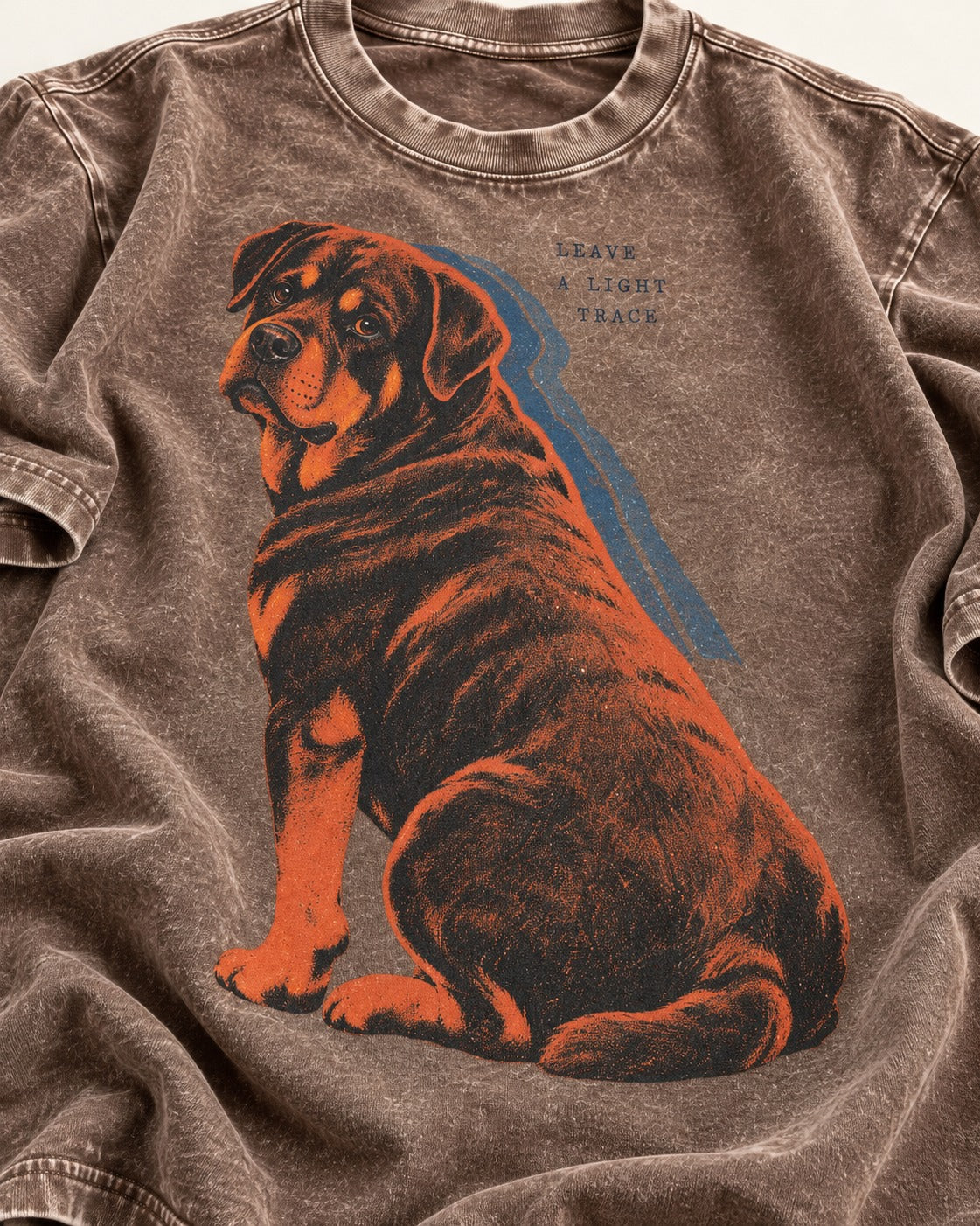 Rottweiler Leave a Light Trace Washed Tee in Coffee, close-up of the graphic