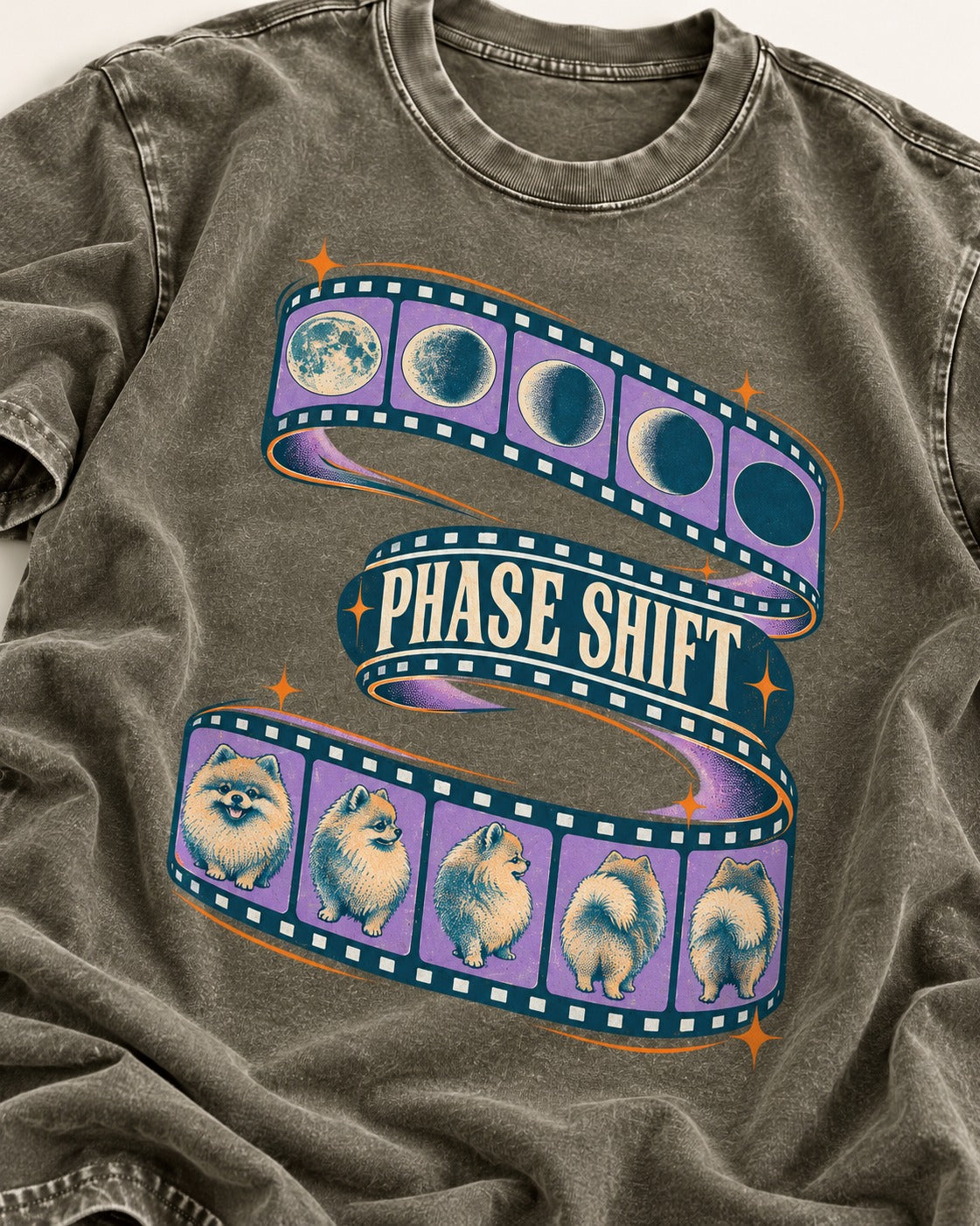 Pomeranian Phase Shift Filmstrip Graphic Washed Tee in Army Green, close-up of the graphic