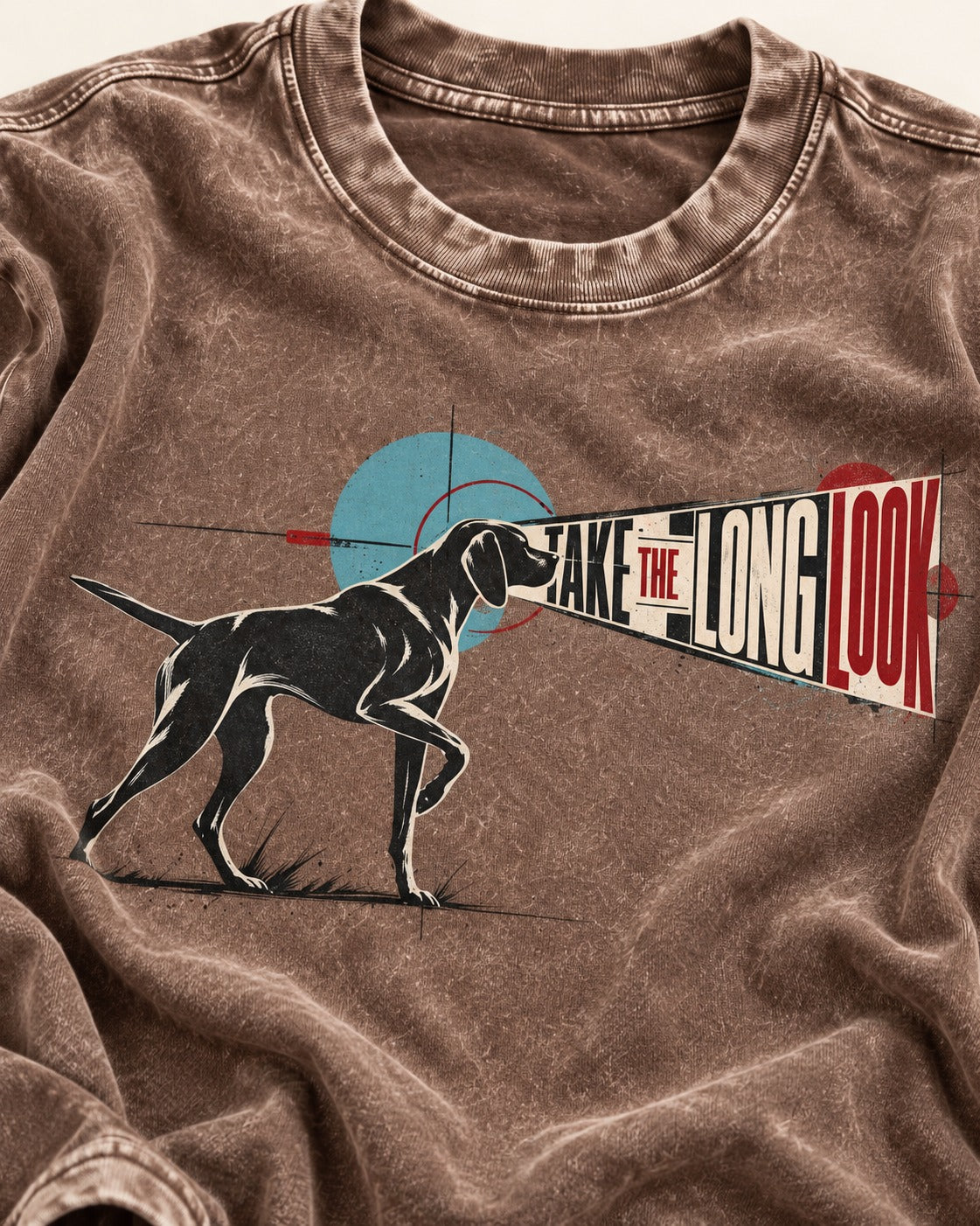 German Shorthaired Pointer Take the Long Look Washed Tee in Coffee, close-up of the graphic