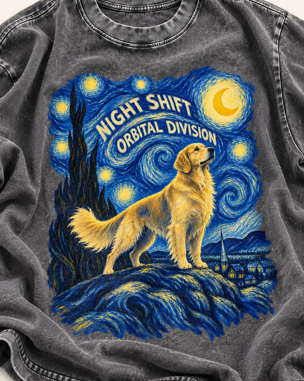Night Shift Orbital Division Starry Night Golden Retriever Graphic Washed Tee in Gray, close-up of the graphic
