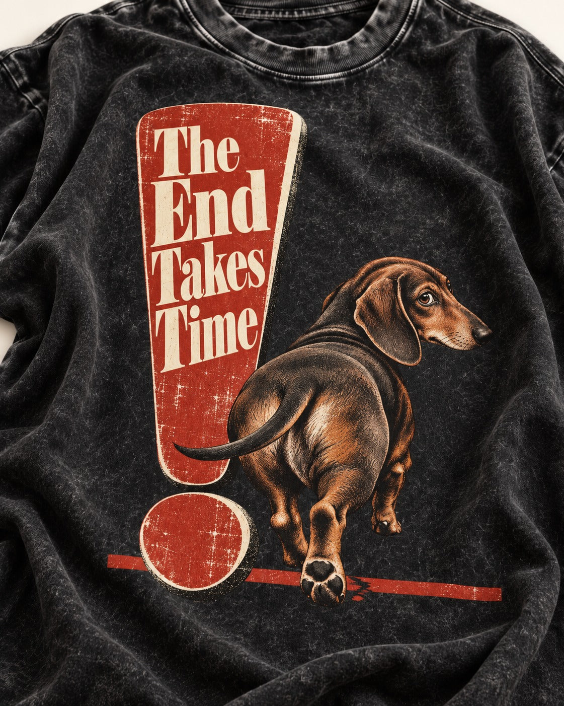 Dachshund The End Takes Time Exclamation Mark Graphic Washed Tee in Black, close-up of the graphic