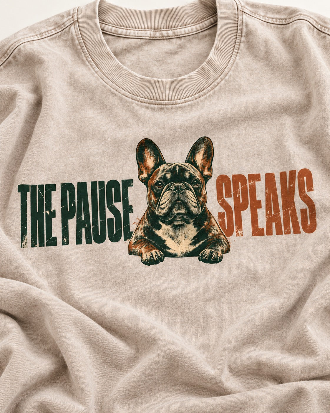 The Frenchie Pause Speaks Washed Tee in Apricot, close-up of the graphic