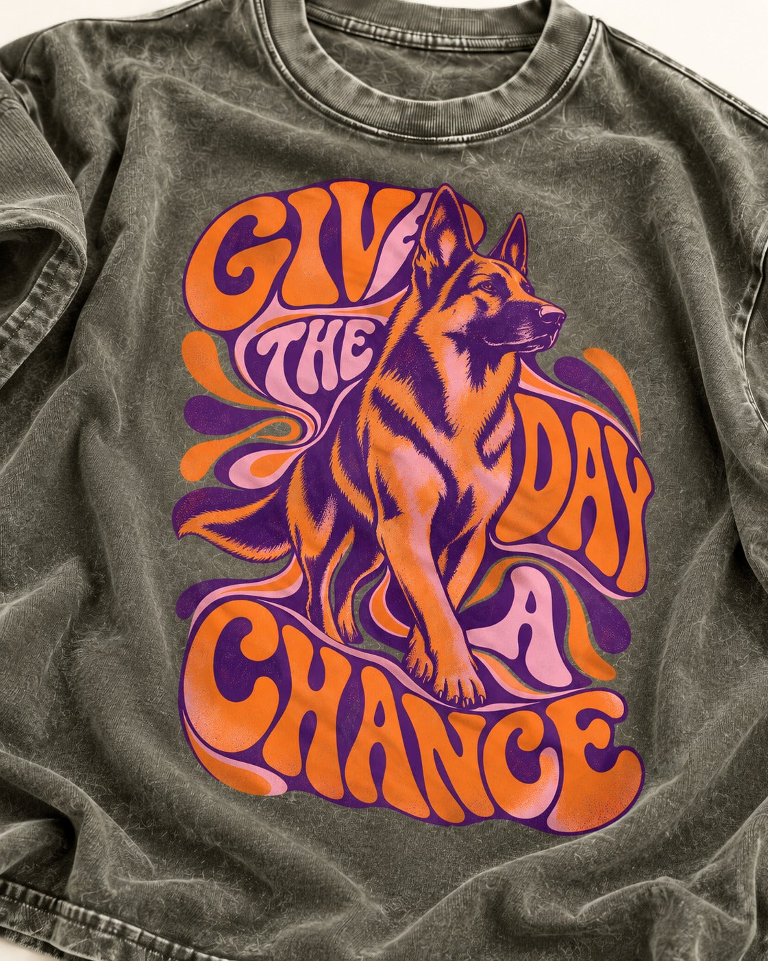 Give The Day A Chance Psychedelic German Shepherd Dog Graphic Washed Tee in Army Green, close-up of the graphic