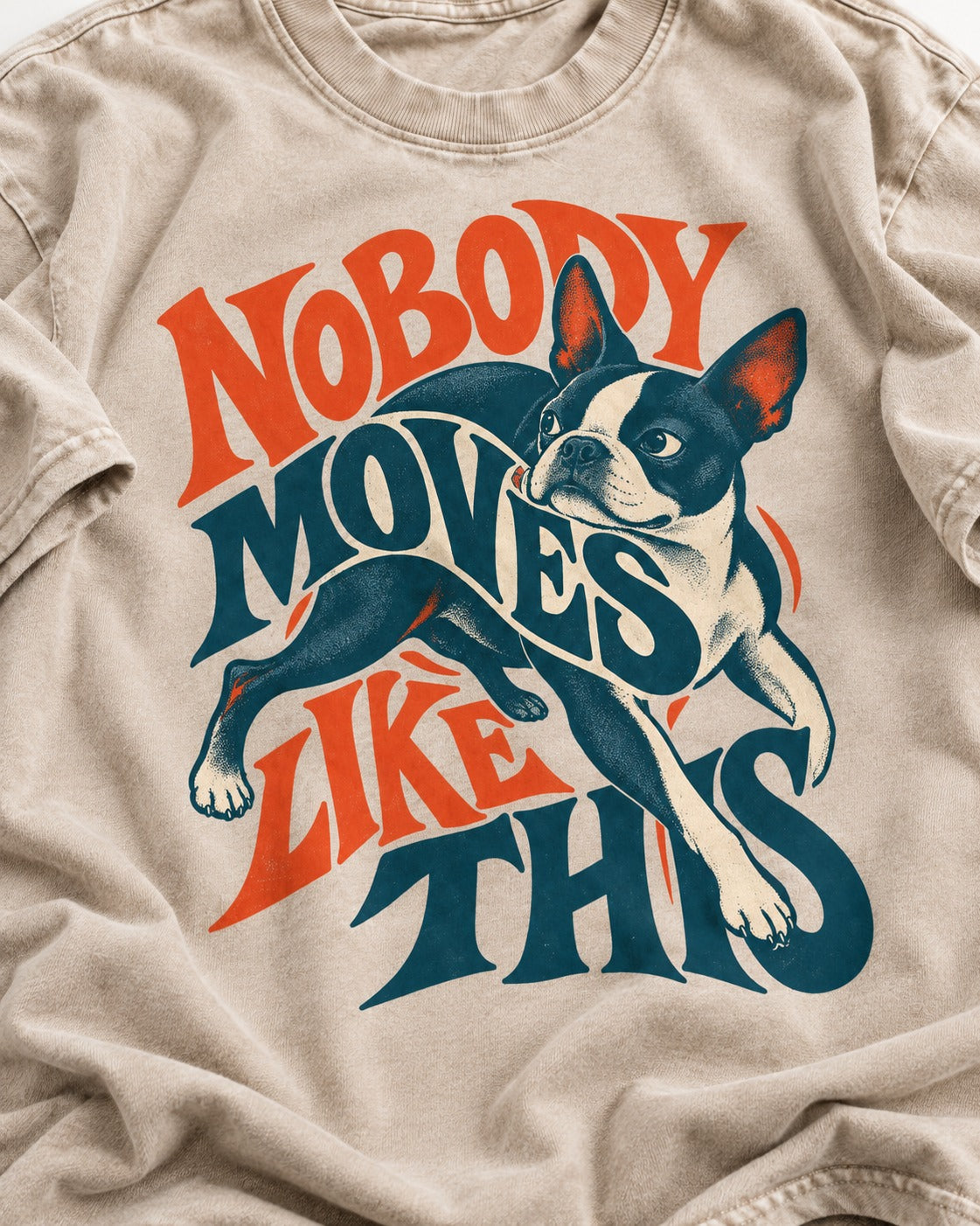 Nobody Moves Like This Boston Terrier Washed Tee in Apricot, close-up of the graphic
