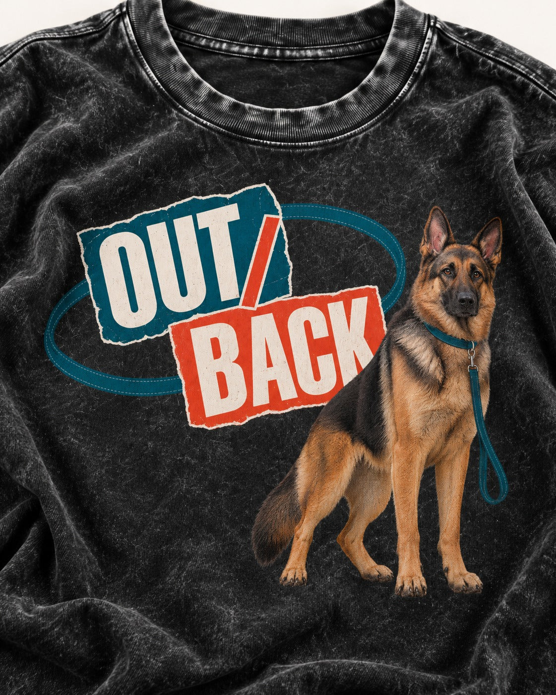 Out Back Leash German Shepherd Dog Graphic Washed Tee in Black, close-up of the graphic