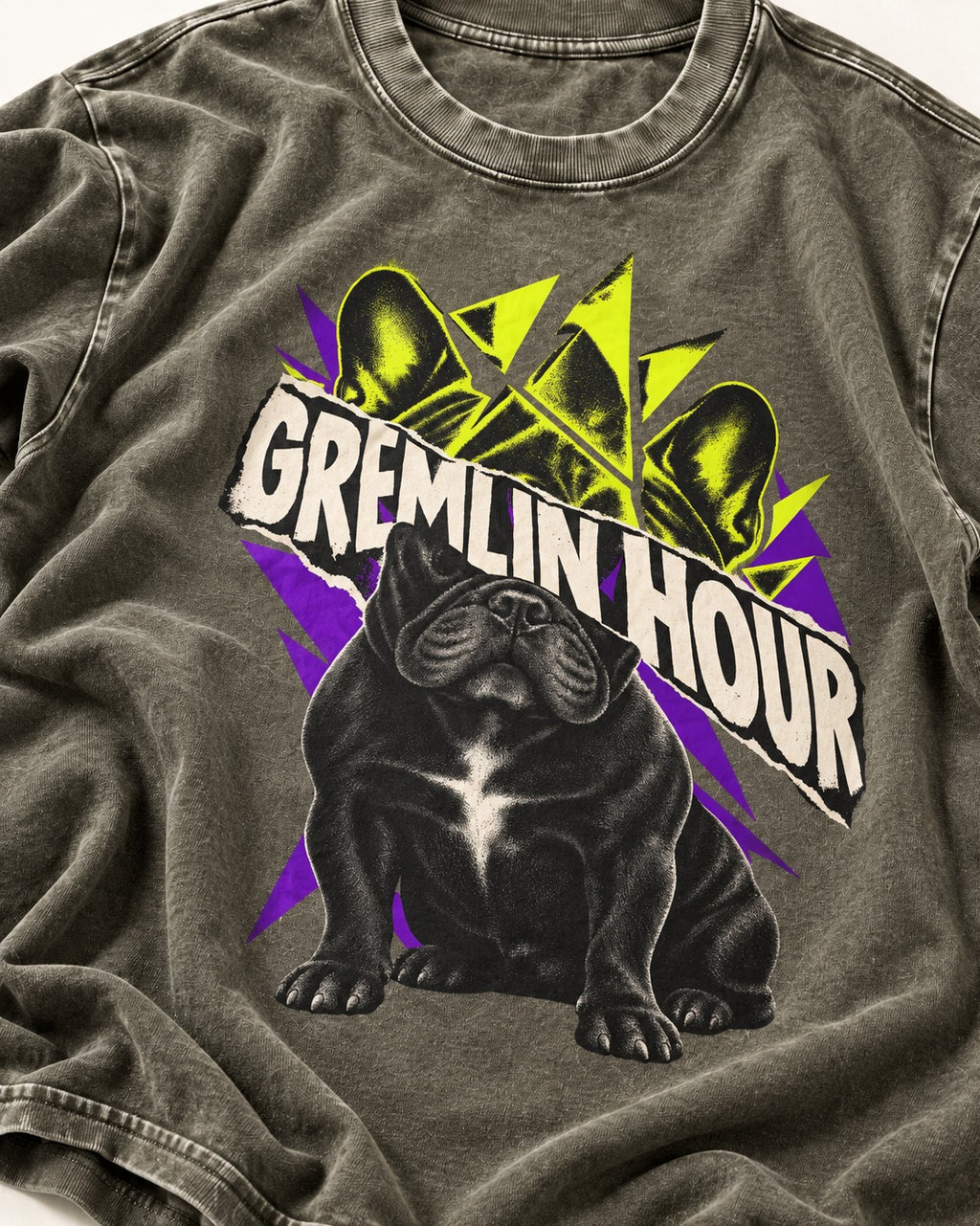 Frenchie Gremlin Hour Fracture Portrait Graphic Washed Tee in Army Green, close-up of the graphic