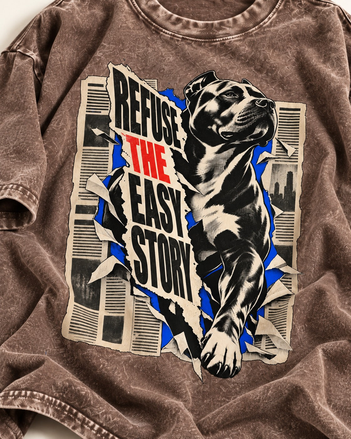 Pitbull Refuse the Easy Story Washed Tee in Coffee, close-up of the graphic