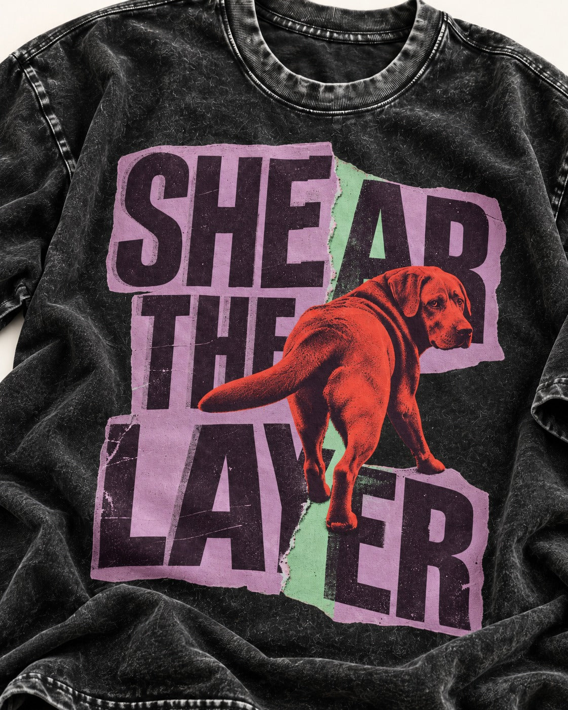 Labrador Retriever Shear the Layer Torn Paper Graphic Washed Tee in Black, close-up of the graphic