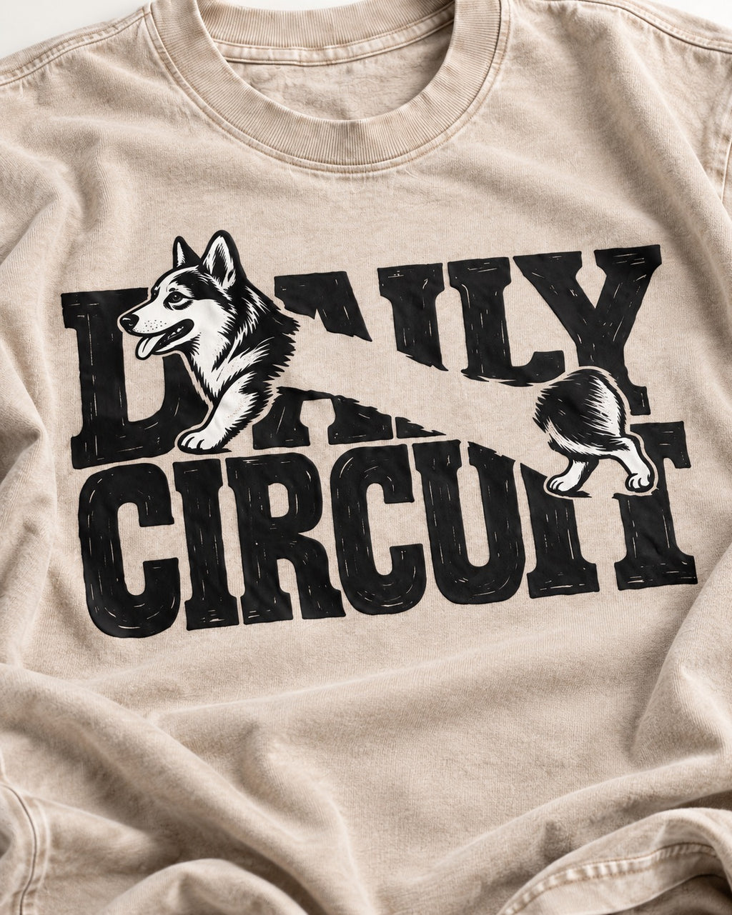 Daily Corgi Circuit Washed Tee in Apricot, close-up of the graphic