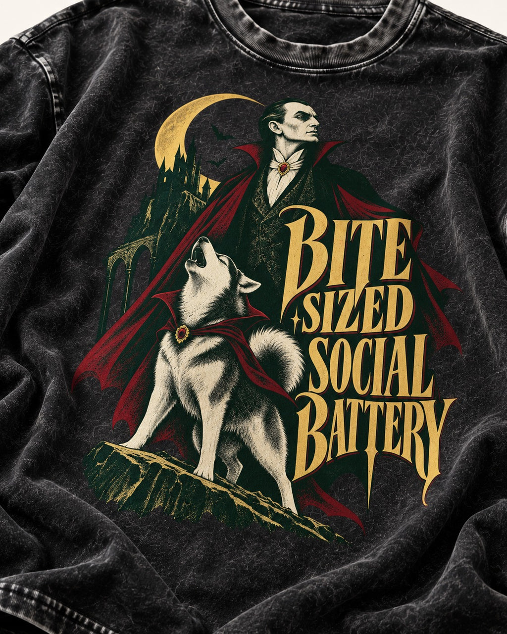 Husky Bite Sized Social Battery Vampire Graphic Washed Tee in Black, close-up of the graphic