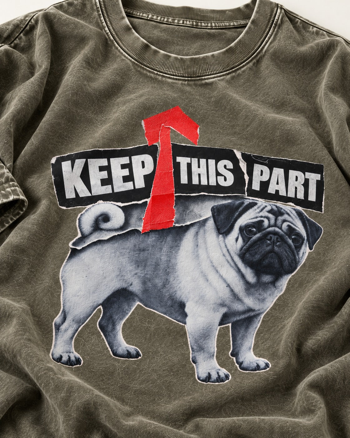 Pug Keep This Part Tape Arrow Graphic Washed Tee in Army Green, close-up of the graphic