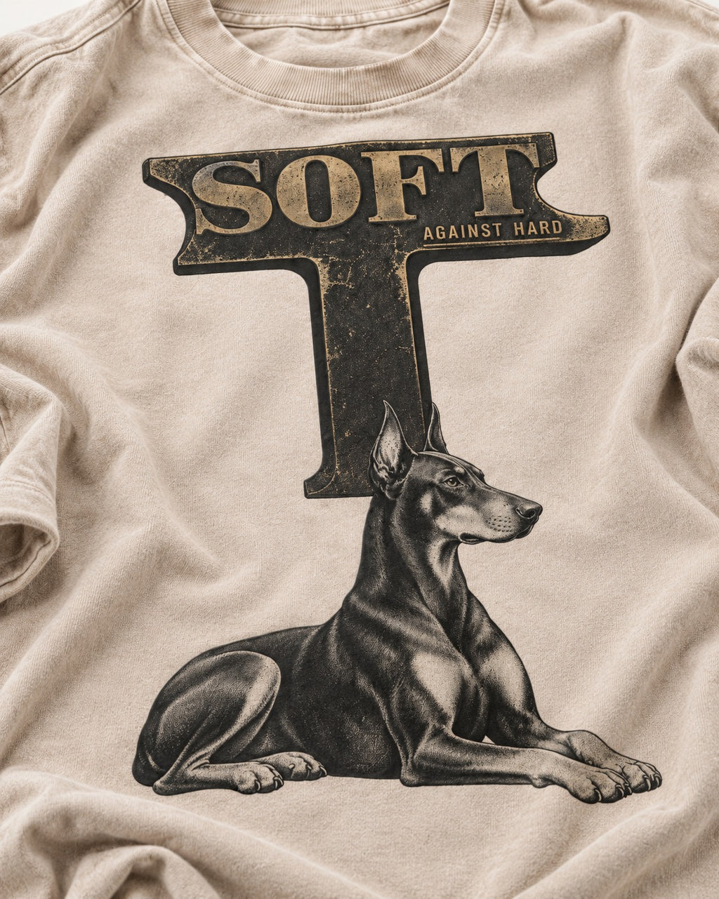 Soft Against Hard Doberman Washed Tee in Apricot, close-up of the graphic