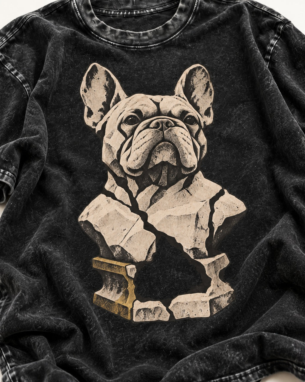 Frenchie Fractured Stone Bust Graphic Washed Tee in Black, close-up of the graphic