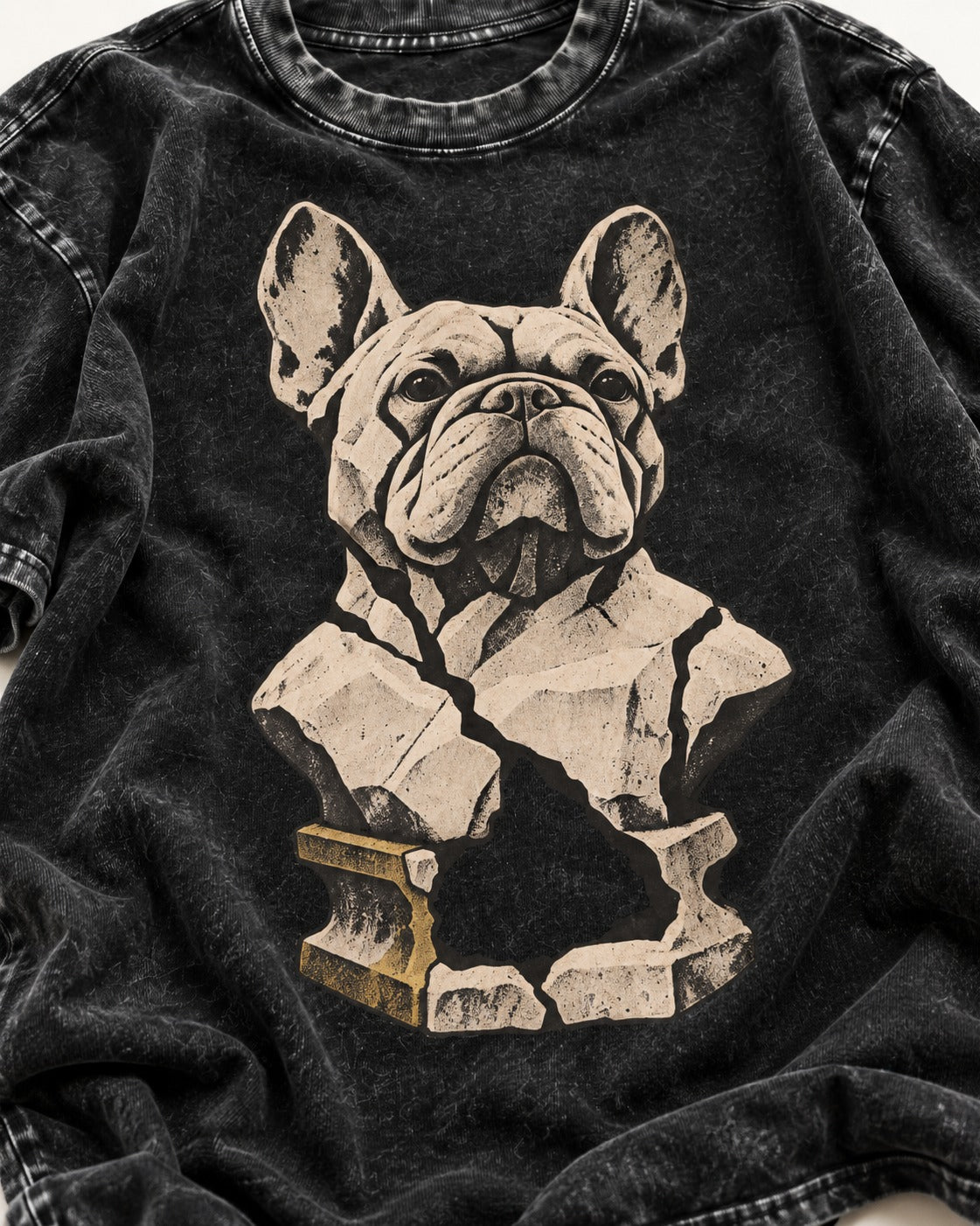 Frenchie Fractured Stone Bust Graphic Washed Tee in Black, close-up of the graphic
