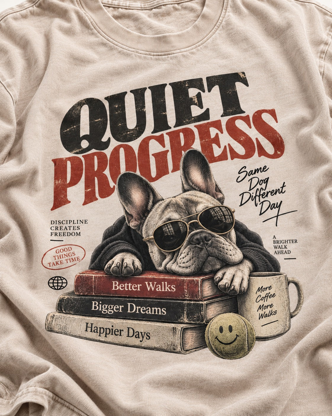 Quiet Progress Frenchie Washed Tee in Apricot, close-up of the graphic