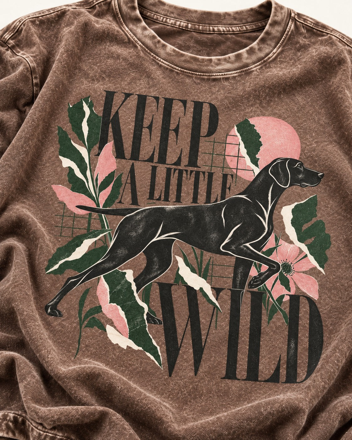 Keep a Little Wild German Shorthaired Pointer Washed Tee in Coffee, close-up of the graphic