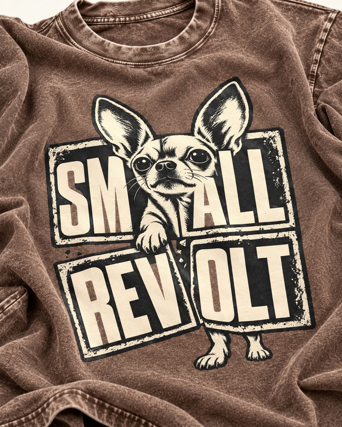 Chihuahua Small Revolt Broken Grid Graphic Washed Tee in Coffee, close-up of the graphic