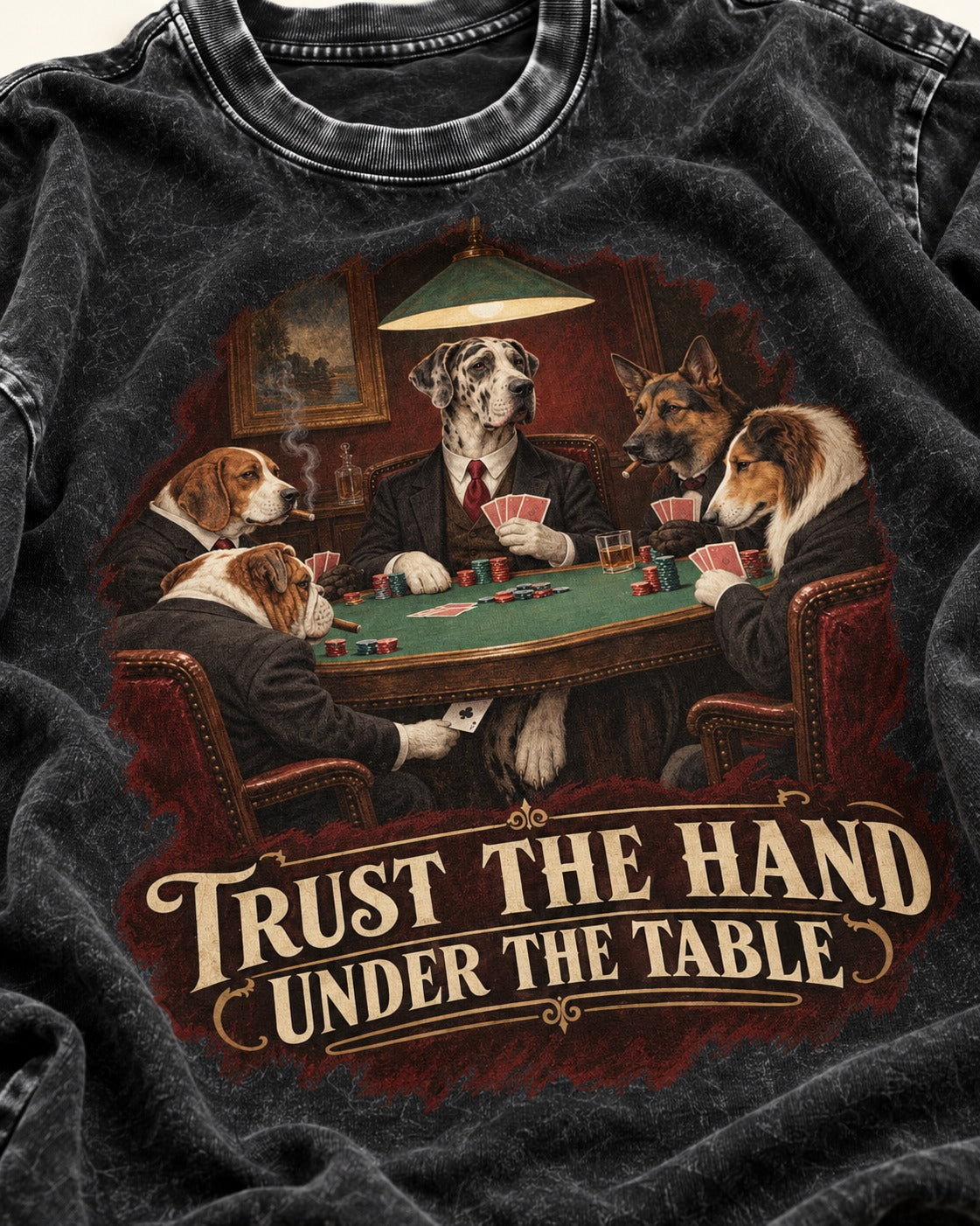 Great Dane Trust the Hand Under the Table Poker Graphic Washed Tee in Black, close-up of the graphic
