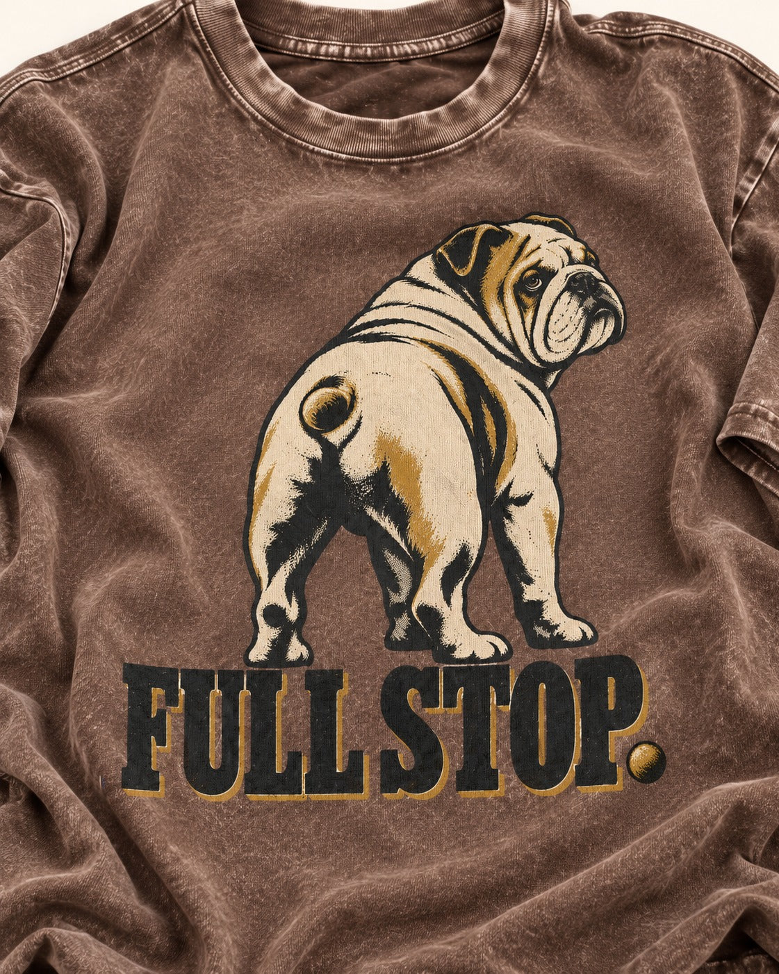 English Bulldog Full Stop Washed Tee in Coffee, close-up of the graphic