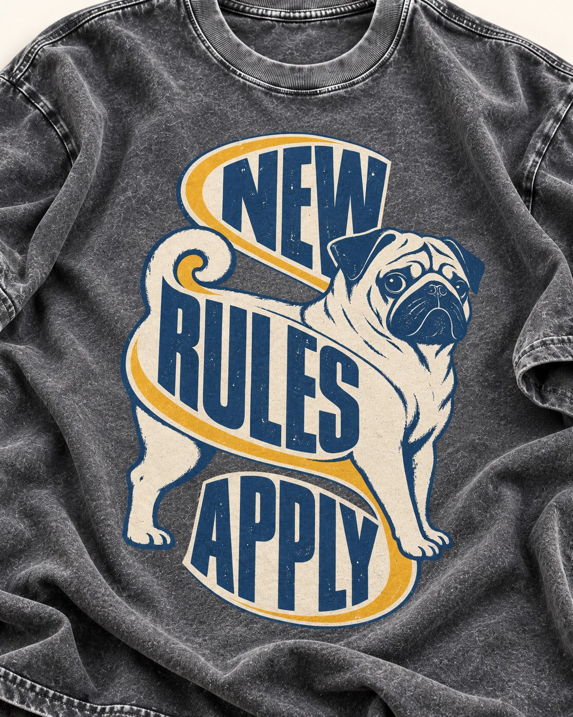 Pug New Rules Apply Ribbon Graphic Washed Tee in Gray, close-up of the graphic