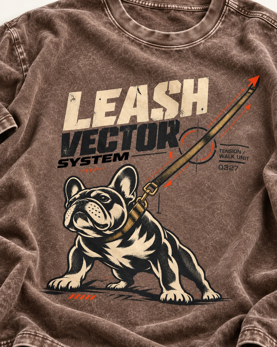 Frenchie Leash Vector Washed Tee in Coffee, close-up of the graphic