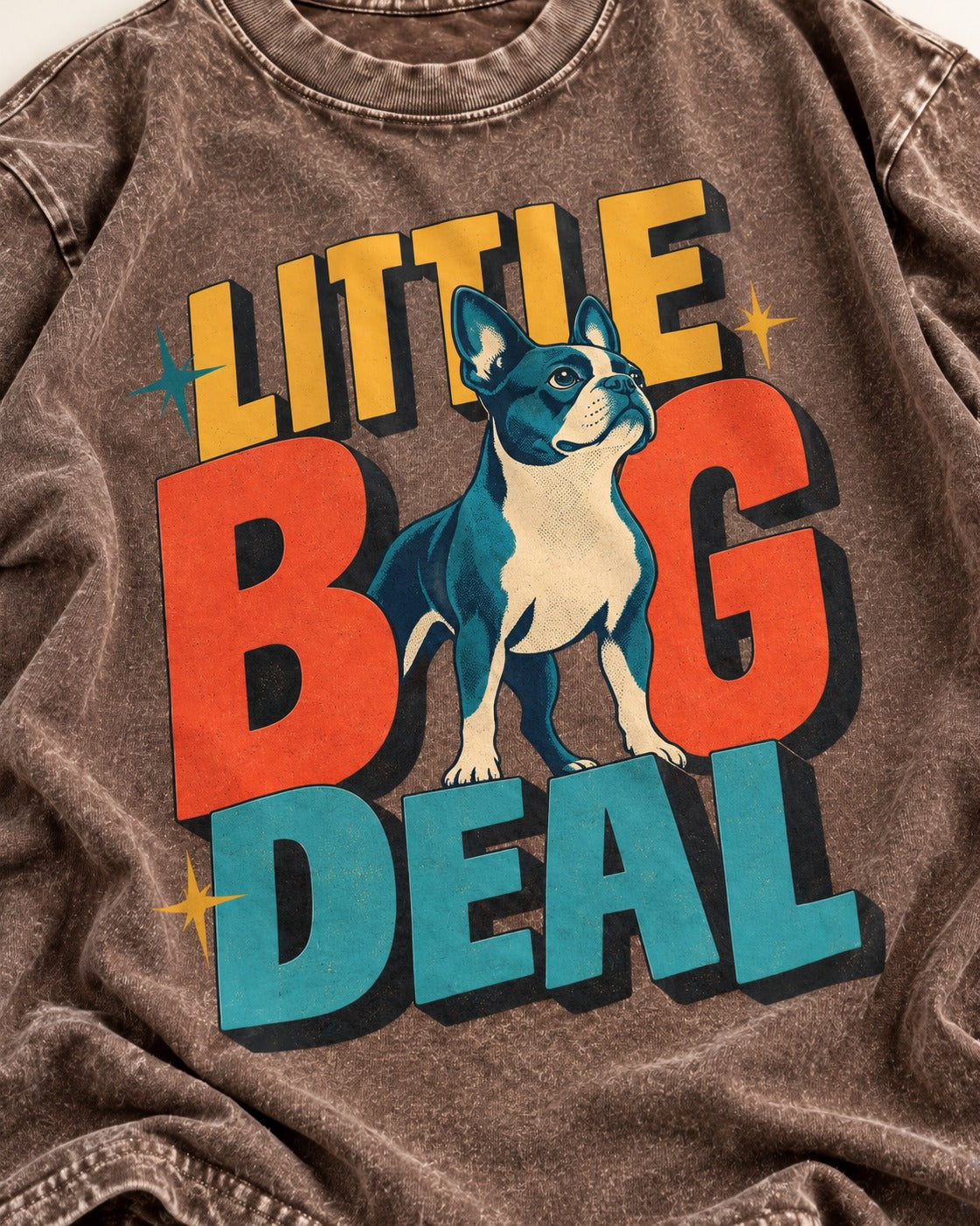 Boston Terrier Little Big Deal Washed Tee in Coffee, close-up of the graphic