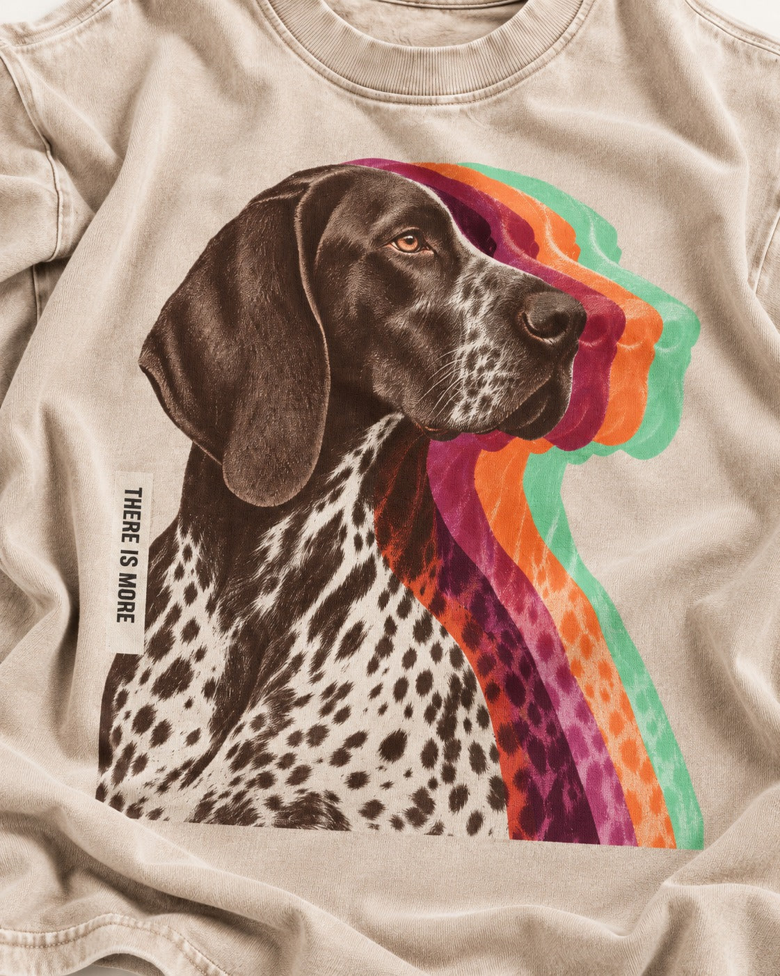 There Is More German Shorthaired Pointer Washed Tee in Apricot, close-up of the graphic