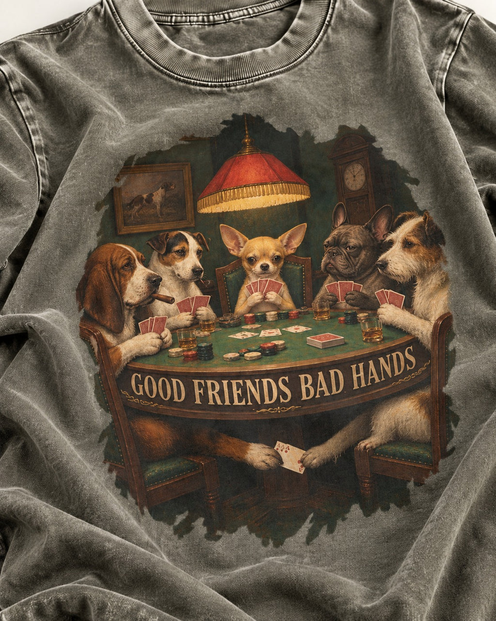 Good Friends Bad Hands Chihuahua Poker Scene Washed Tee in Army Green, close-up of the graphic