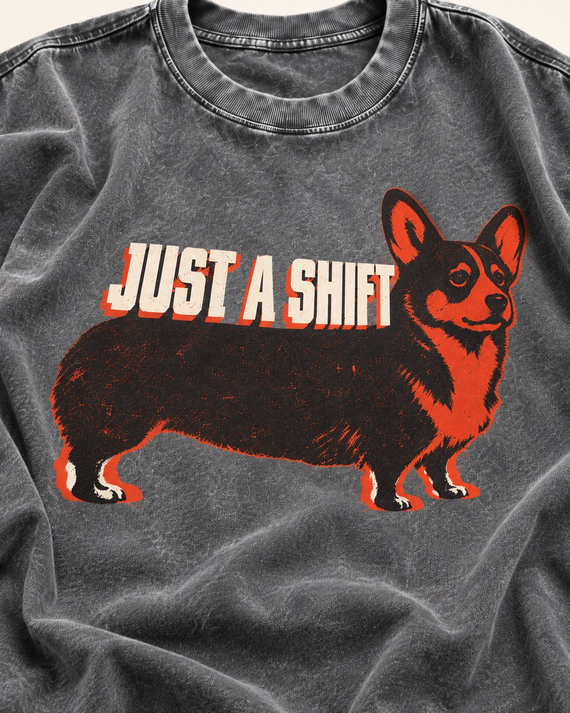 Corgi Just a Shift Typographic Graphic Washed Tee in Gray, close-up of the graphic