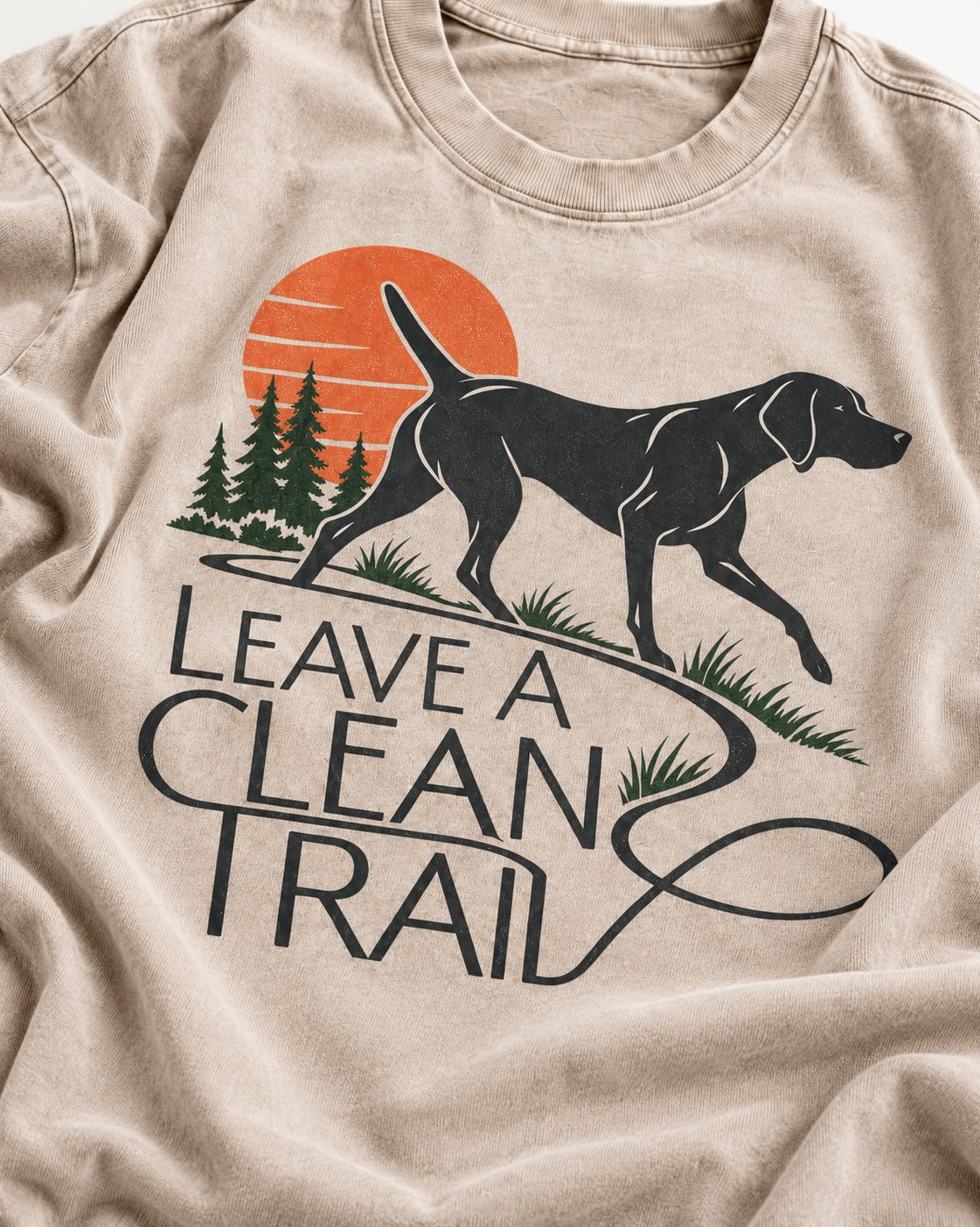 Leave a Clean Trail German Shorthaired Pointer Washed Tee in Apricot, close-up of the graphic