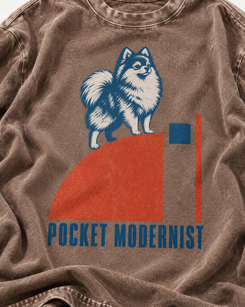 Pocket Modernist Pomeranian Washed Tee in Coffee, close-up of the graphic