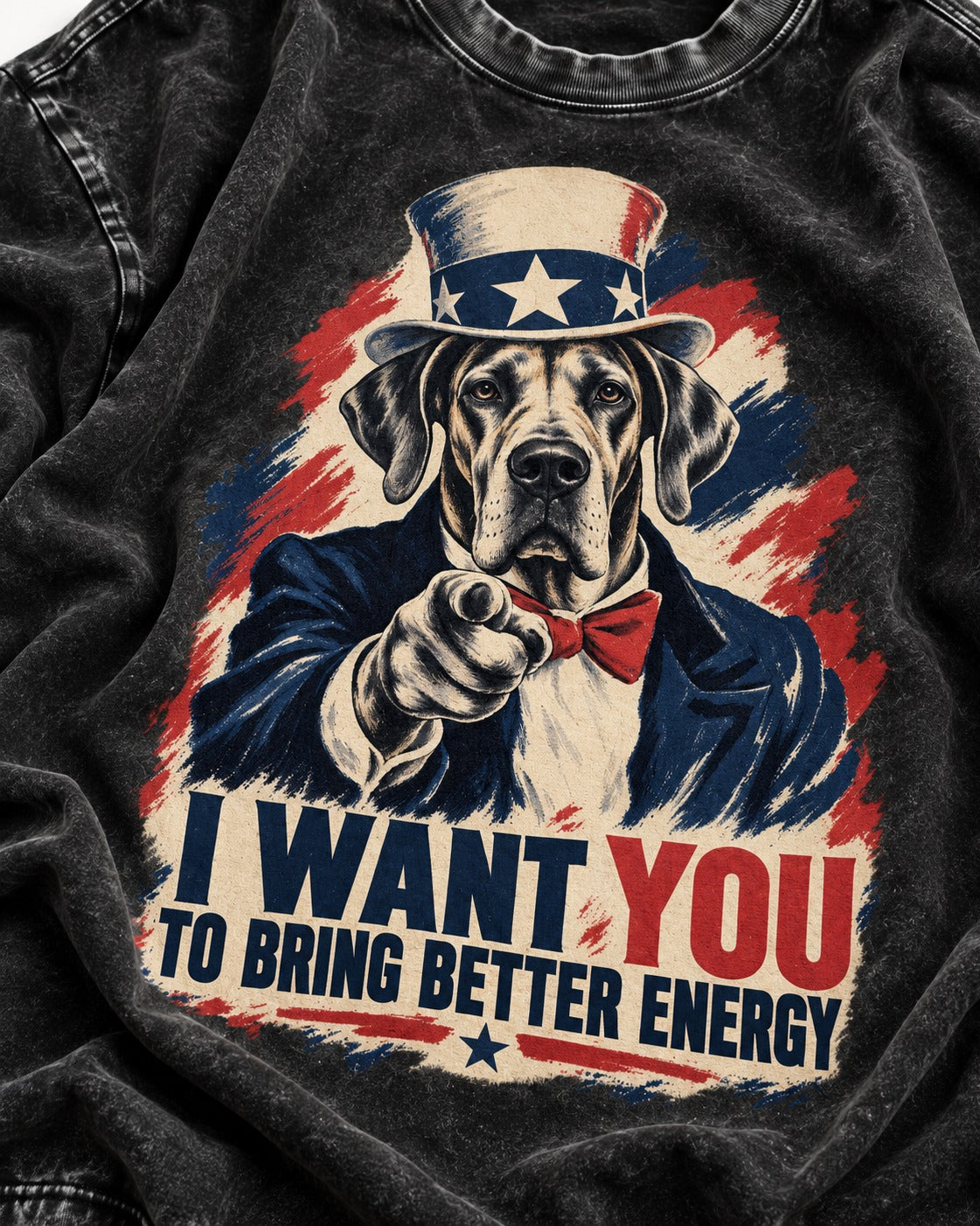 Great Dane I Want You to Bring Better Energy Uncle Sam Graphic Washed Tee in Black, close-up of the graphic