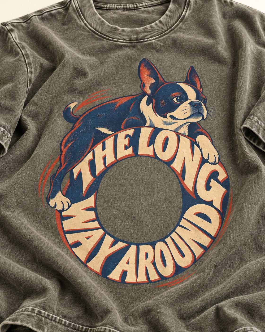Boston Terrier the Long Way Around Washed Tee in Army Green, close-up of the graphic