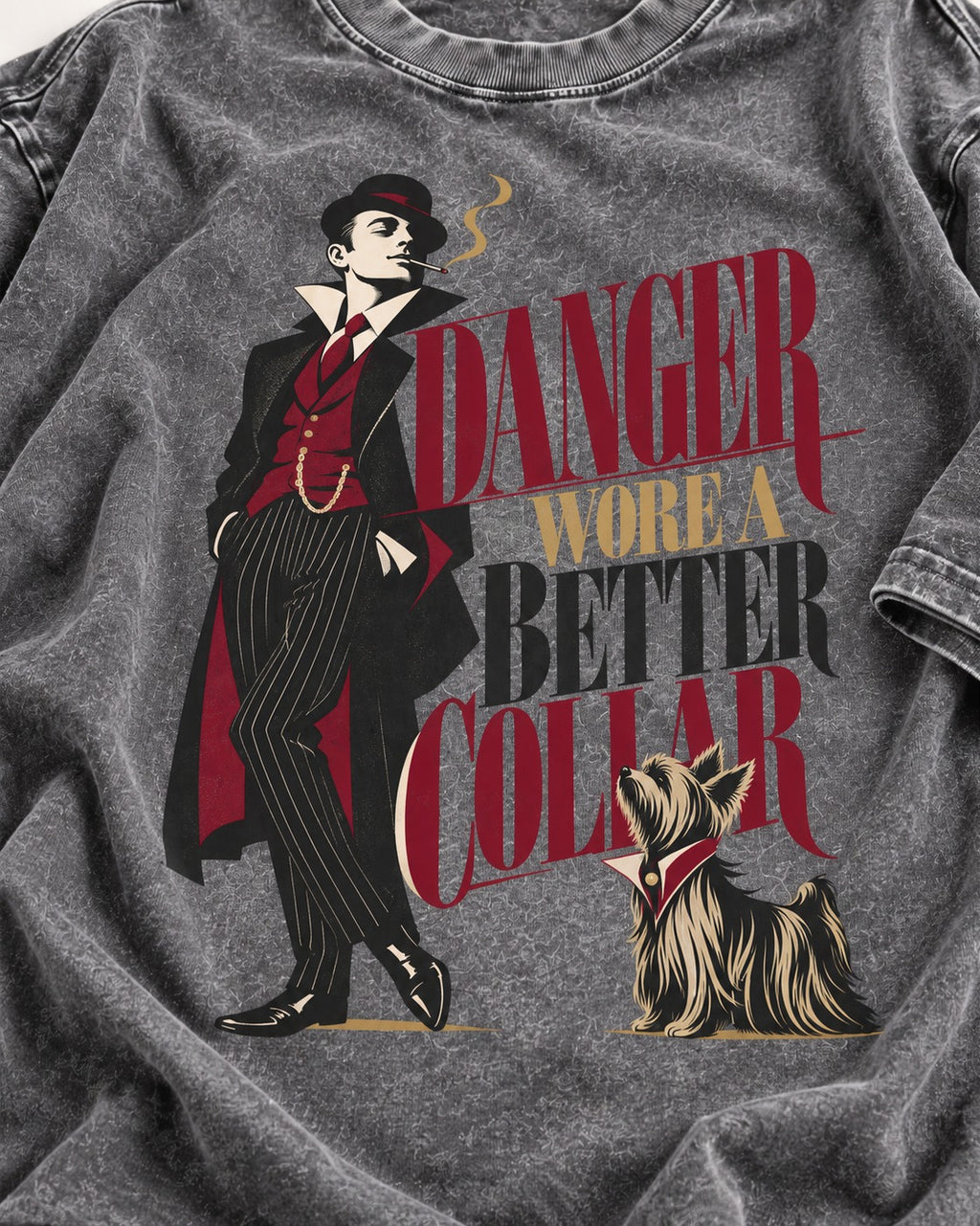 Yorkshire Terrier Danger Wore a Better Collar Art Deco Graphic Washed Tee in Gray, close-up of the graphic