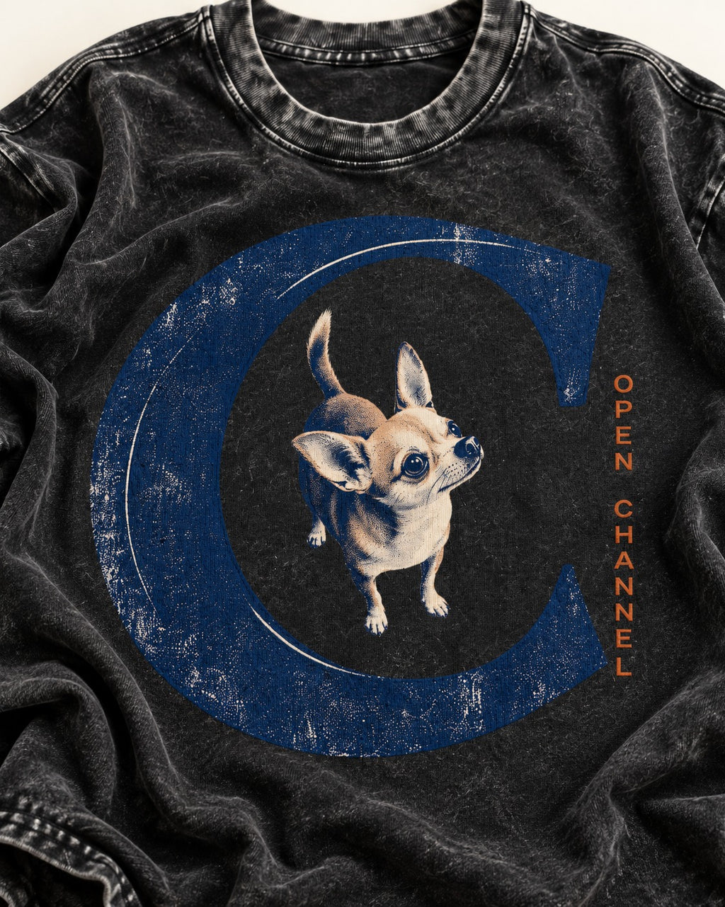 Chihuahua Open Channel Washed Tee in Black, close-up of the graphic