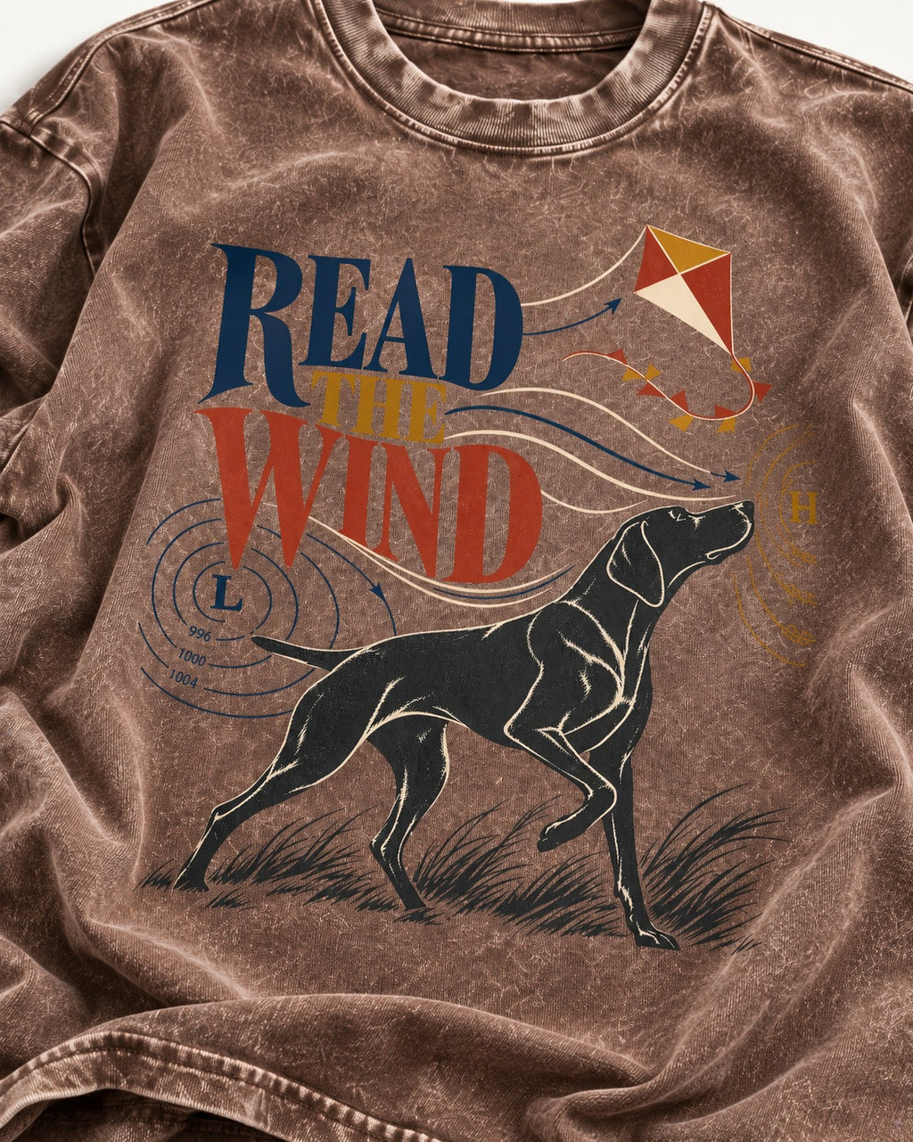 Read the Wind German Shorthaired Pointer Washed Tee in Coffee, close-up of the graphic