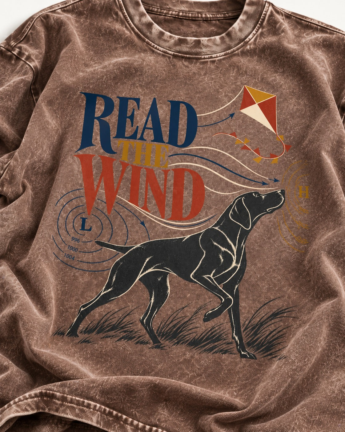 Read the Wind German Shorthaired Pointer Washed Tee in Coffee, close-up of the graphic