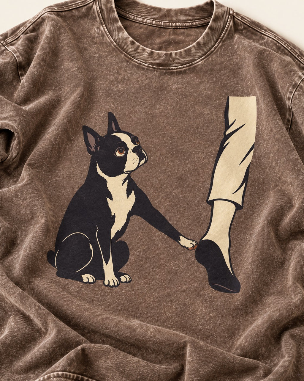 Boston Terrier Stay with Me Washed Tee in Coffee, close-up of the graphic