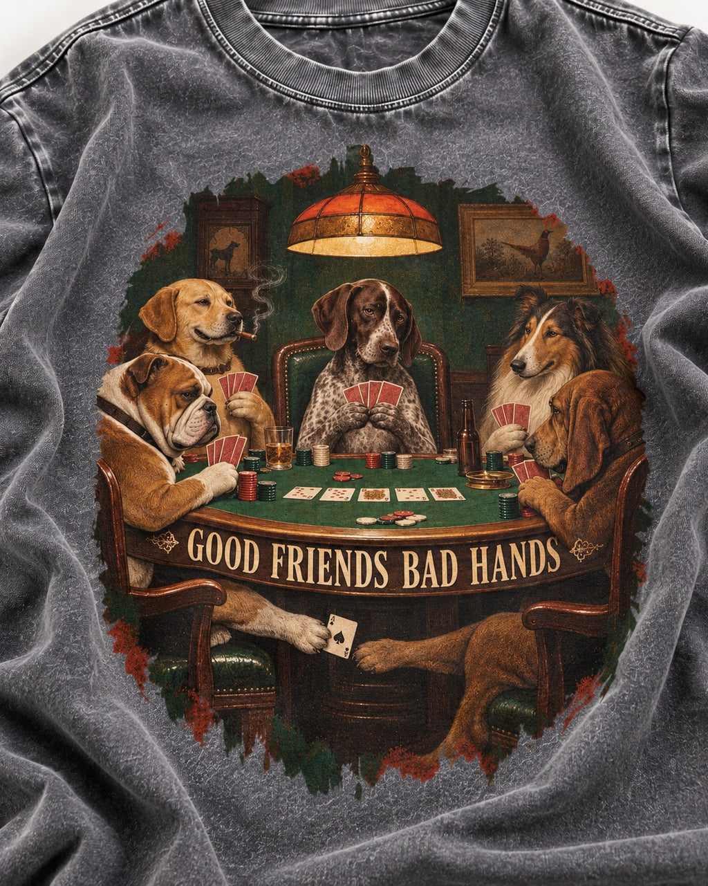 German Shorthaired Pointer Good Friends Bad Hands Poker Night Graphic Washed Tee in Gray, close-up of the graphic