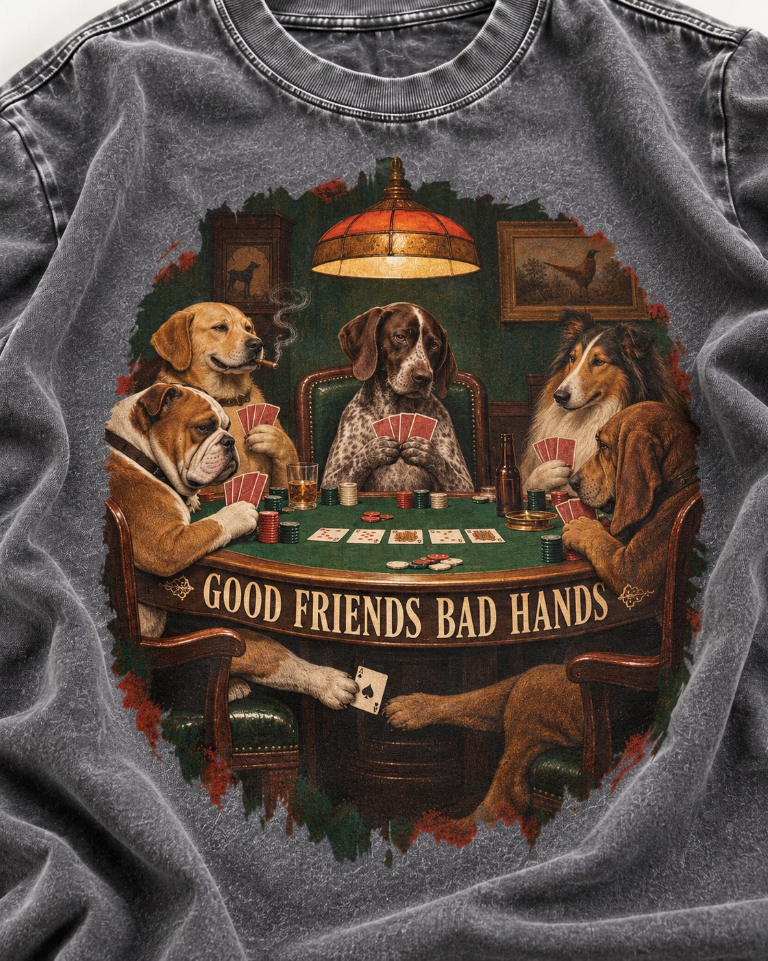 German Shorthaired Pointer Good Friends Bad Hands Poker Night Graphic Washed Tee in Gray, close-up of the graphic