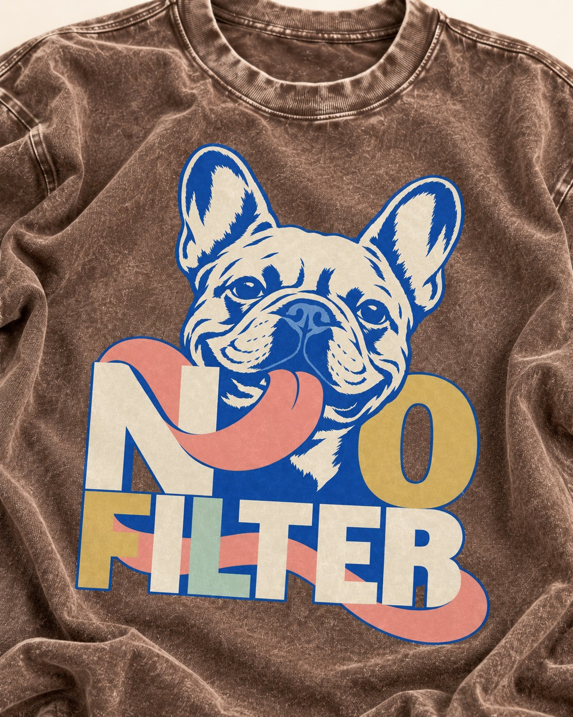No Filter Frenchie Washed Tee in Coffee, close-up of the graphic