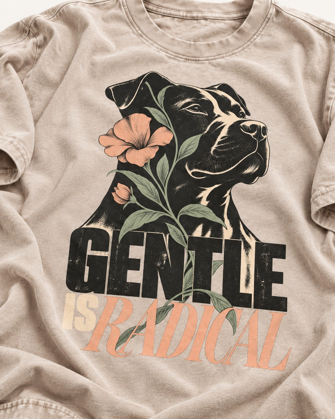 Gentle Pitbull Is Radical Washed Tee in Apricot, close-up of the graphic