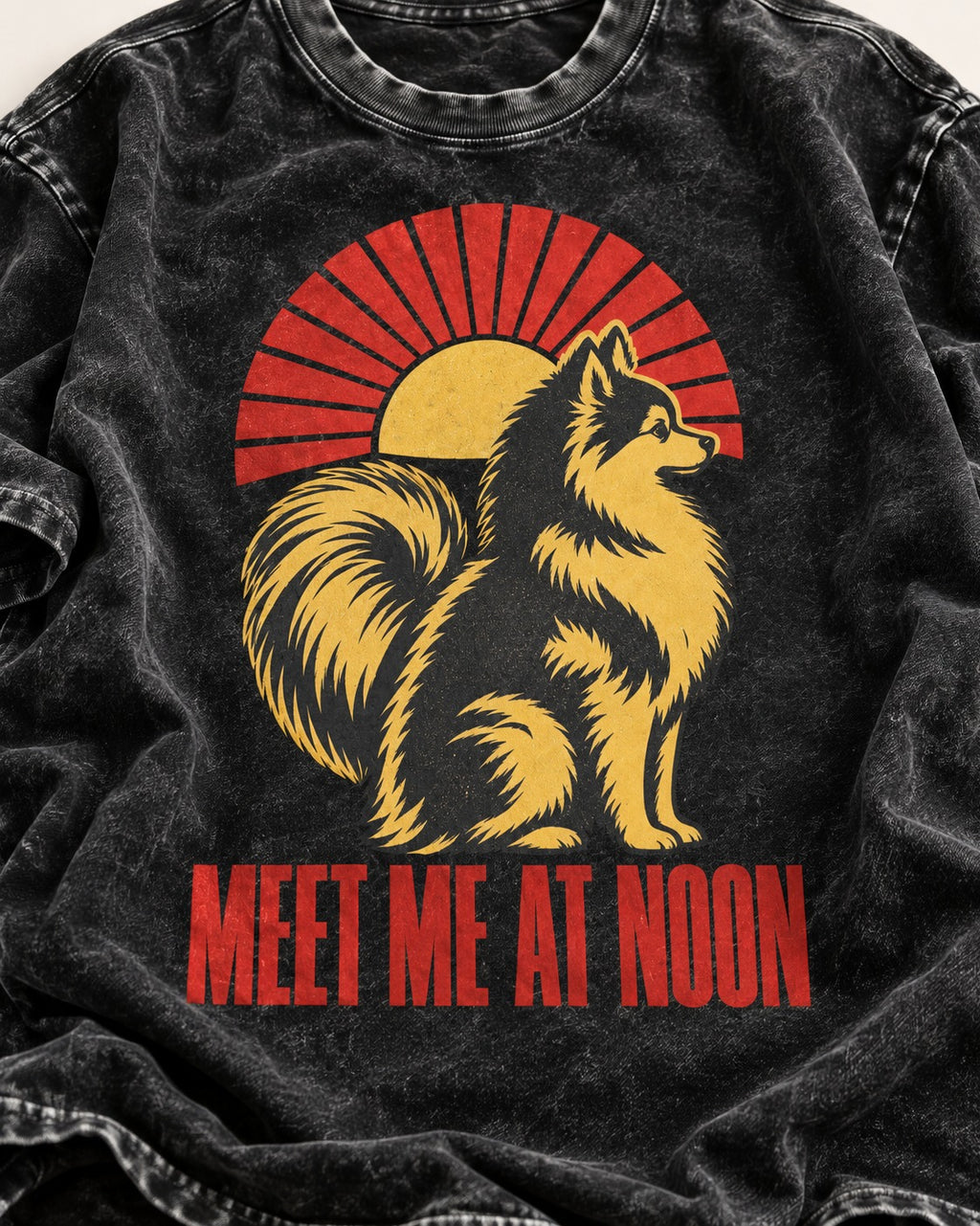 Pomeranian Meet Me at Noon Sunburst Graphic Washed Tee in Black, close-up of the graphic