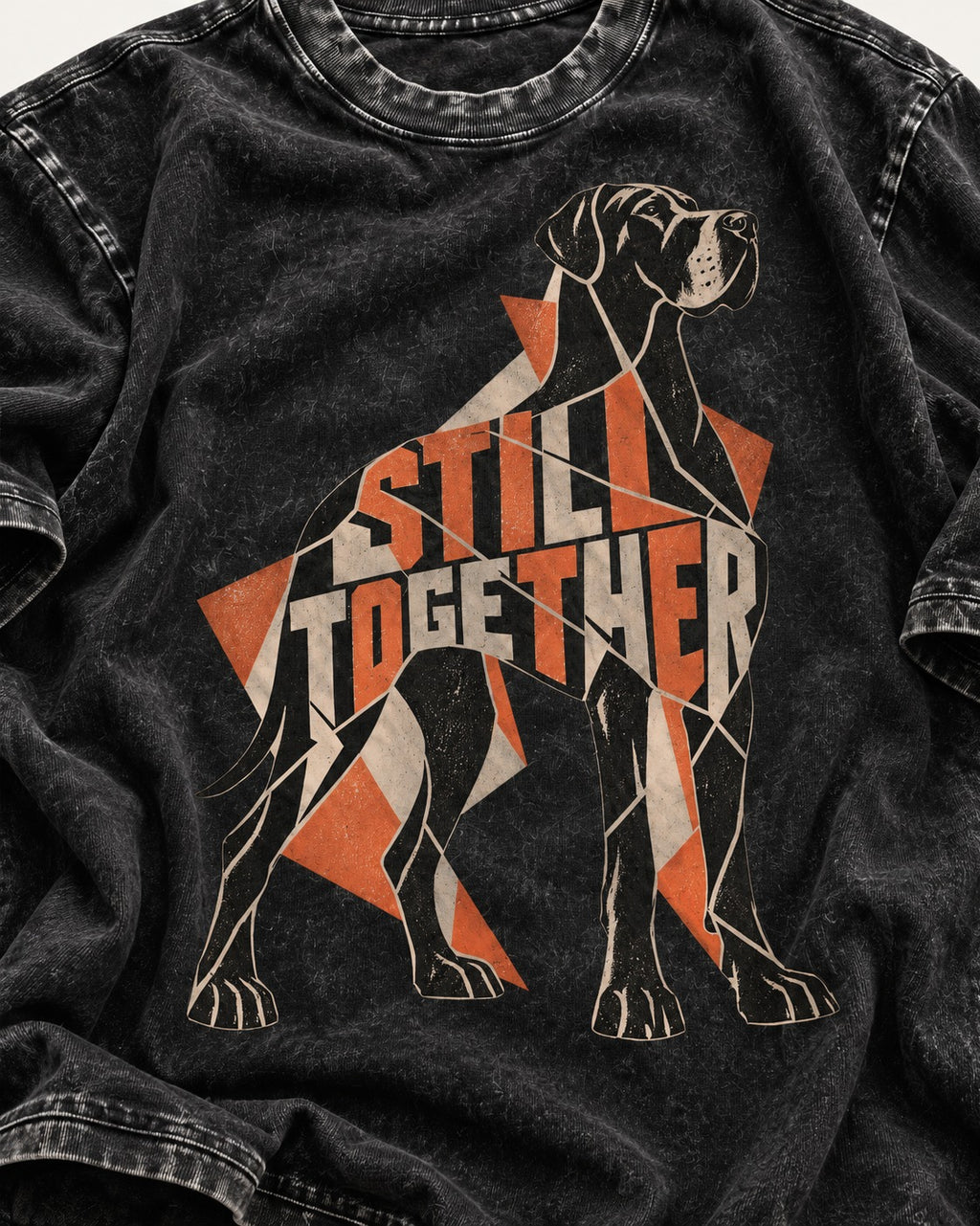Great Dane Still Together Geometric Mosaic Graphic Washed Tee in Black, close-up of the graphic