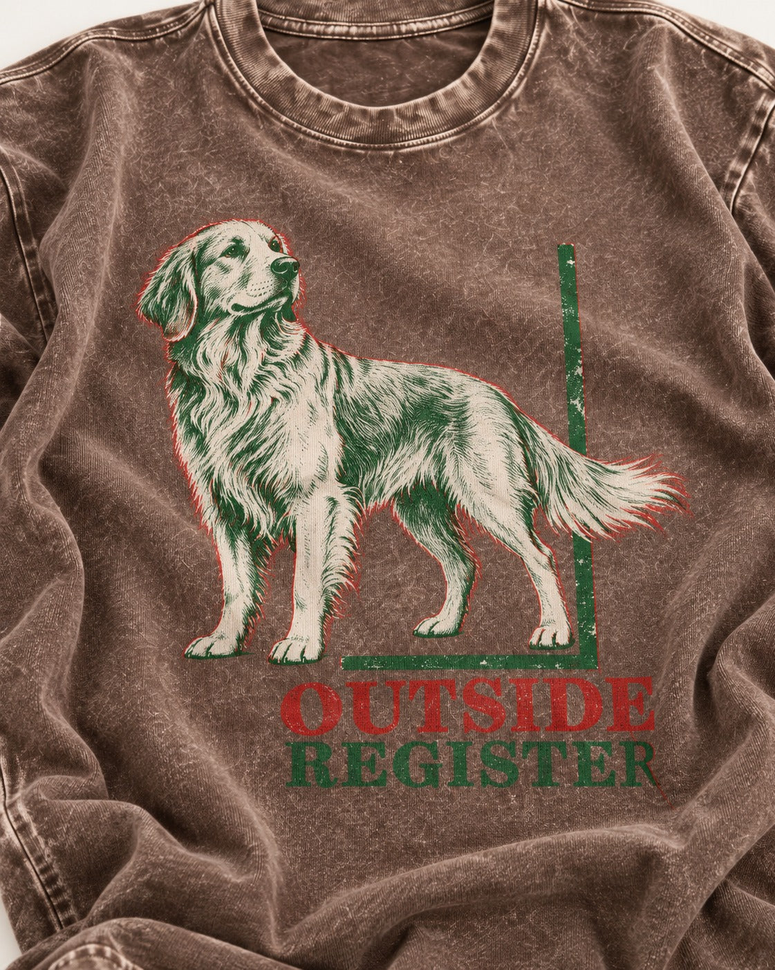 Outside Register Golden Retriever Washed Tee in Coffee, close-up of the graphic