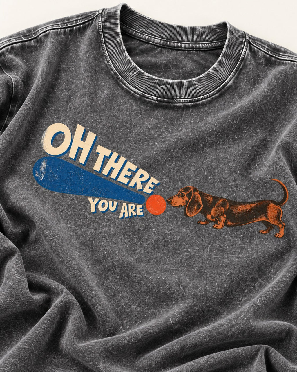 Dachshund Oh There You Are Ball Graphic Washed Tee in Gray, close-up of the graphic