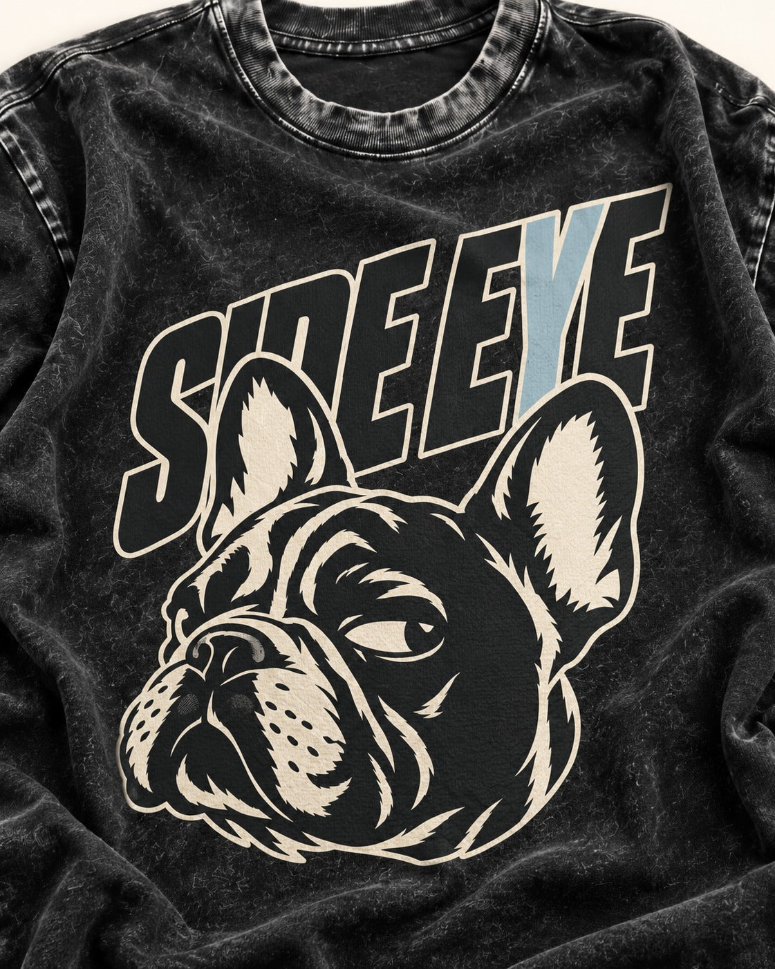 Frenchie Side Eye Portrait Graphic Washed Tee in Black, close-up of the graphic