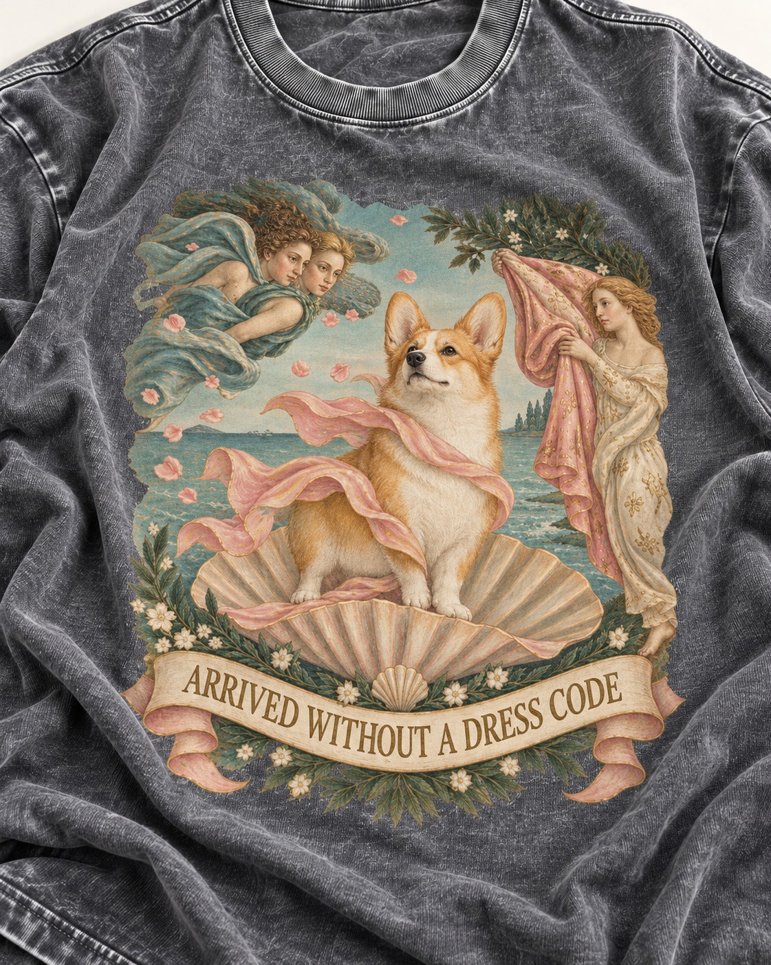 Corgi Arrived Without a Dress Code Birth of Venus Washed Tee in Gray, close-up of the graphic